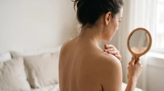 Personne examinant son épaule dans un miroir à la lumière naturelle du matin pour surveiller ses grains de beauté