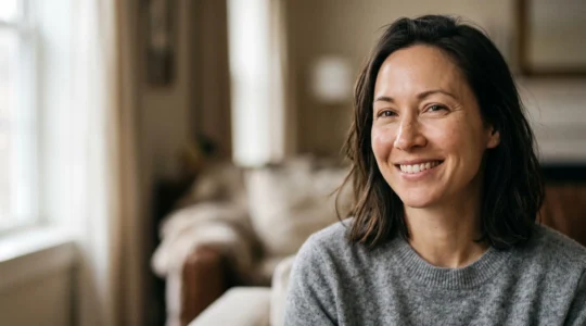 Portrait éditorial d'une femme au teint lumineux et naturel, sans maquillage ni retouche