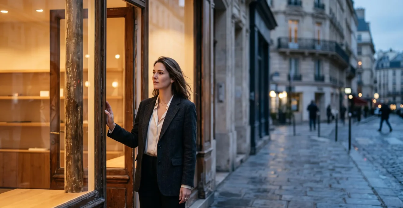 Silhouette feminine debout entre une vitrine de boutique vide et un reflet numerique flou, symbolisant la transition du shopping physique vers le digital