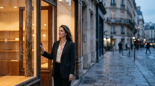 Silhouette feminine debout entre une vitrine de boutique vide et un reflet numerique flou, symbolisant la transition du shopping physique vers le digital