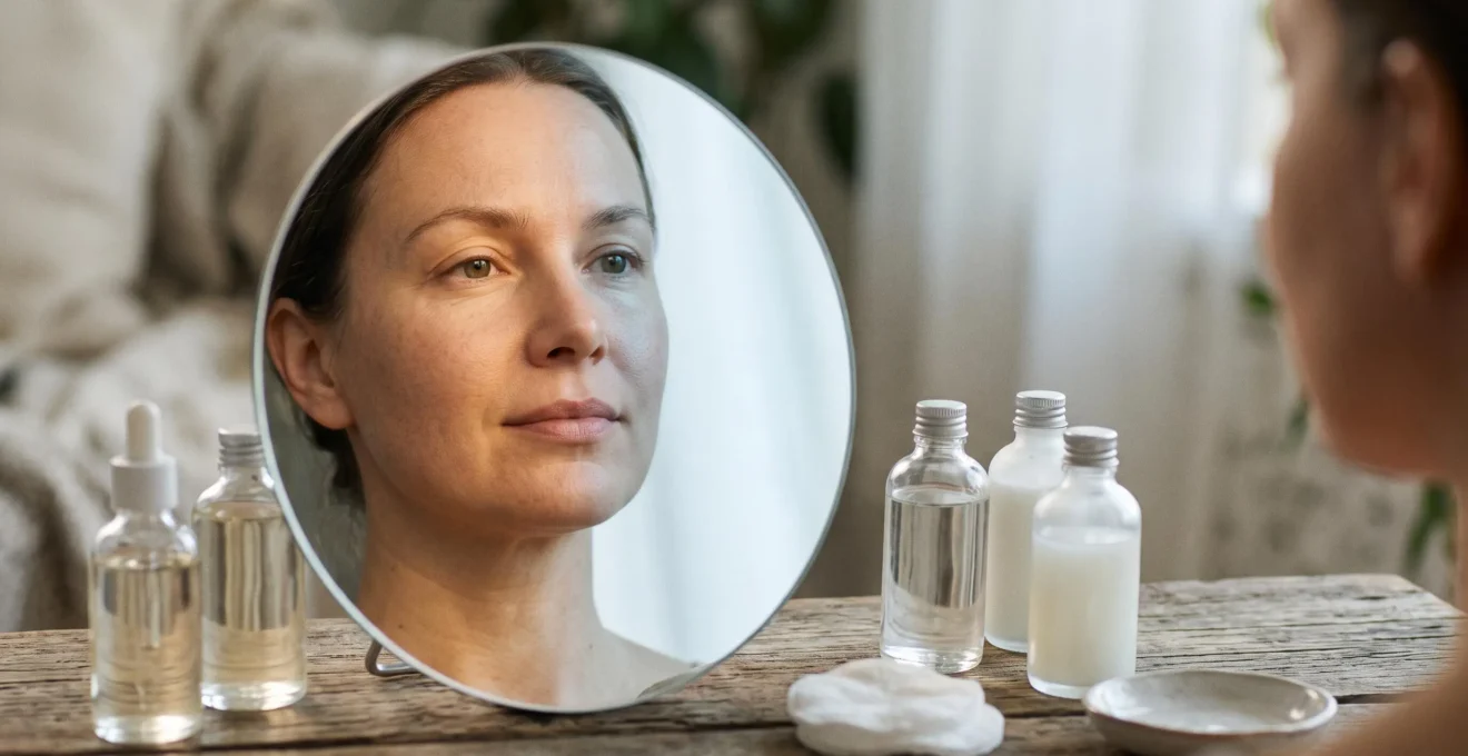 Reflet d'un visage dans un miroir de coiffeuse éclairé par une lumière chaude d'un côté et froide de l'autre, symbolisant la transition de la routine de soin entre l'été et l'hiver