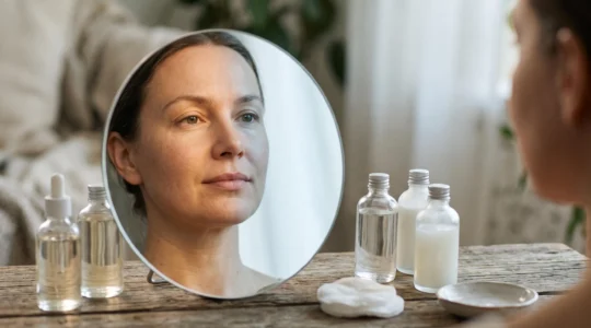 Reflet d'un visage dans un miroir de coiffeuse éclairé par une lumière chaude d'un côté et froide de l'autre, symbolisant la transition de la routine de soin entre l'été et l'hiver