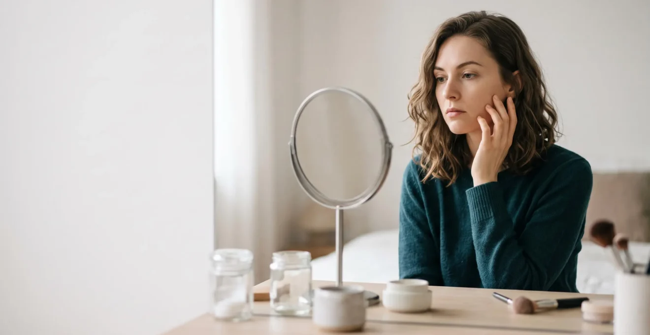 Femme observant son reflet dans un miroir tout en sélectionnant avec discernement les tendances beauté qui lui correspondent