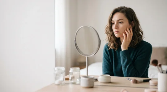 Femme observant son reflet dans un miroir tout en sélectionnant avec discernement les tendances beauté qui lui correspondent