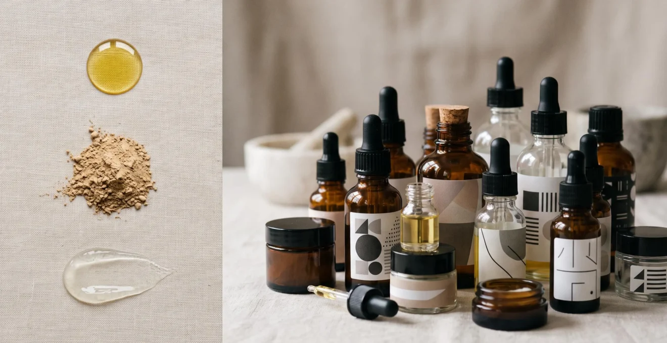 Trois ingredients naturels simples poses a cote d'un pot de creme complexe, symbolisant la difference entre simplicite et surcharge cosmetique