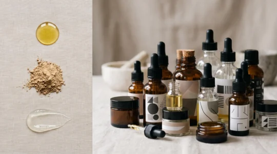 Trois ingredients naturels simples poses a cote d'un pot de creme complexe, symbolisant la difference entre simplicite et surcharge cosmetique