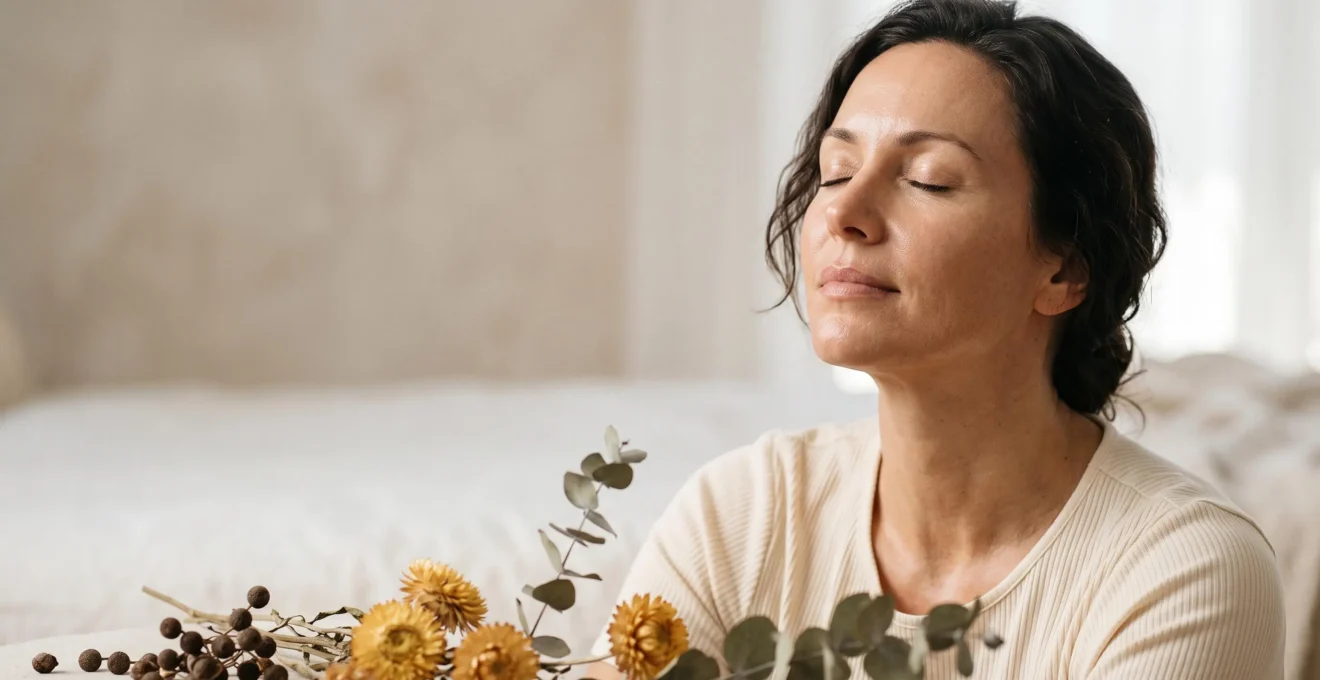 Portrait éditorial d'une femme au teint lumineux et repulpé, entourée de plantes actives comme le bakuchiol et la centella asiatica, illustrant une routine beauté végétale anti-âge