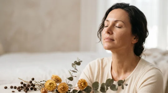 Portrait éditorial d'une femme au teint lumineux et repulpé, entourée de plantes actives comme le bakuchiol et la centella asiatica, illustrant une routine beauté végétale anti-âge