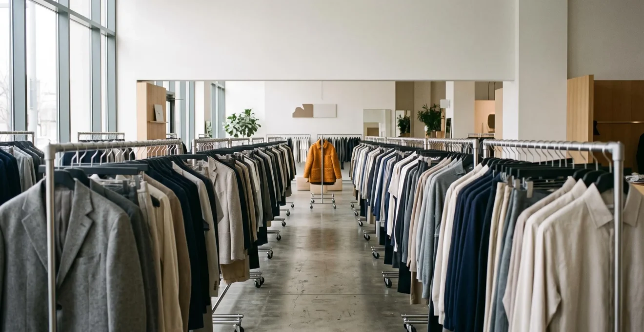 Rangée de vitrines de boutiques de mode aux présentoirs quasi identiques, avec un seul vêtement se distinguant par sa couleur singulière