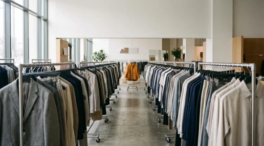 Rangée de vitrines de boutiques de mode aux présentoirs quasi identiques, avec un seul vêtement se distinguant par sa couleur singulière